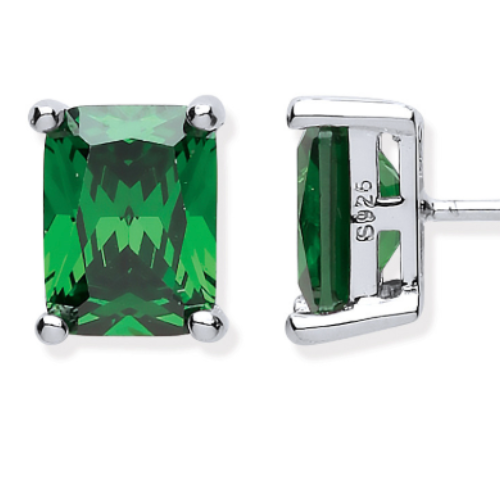 Silver Green Emerald Cut Stud Earrings