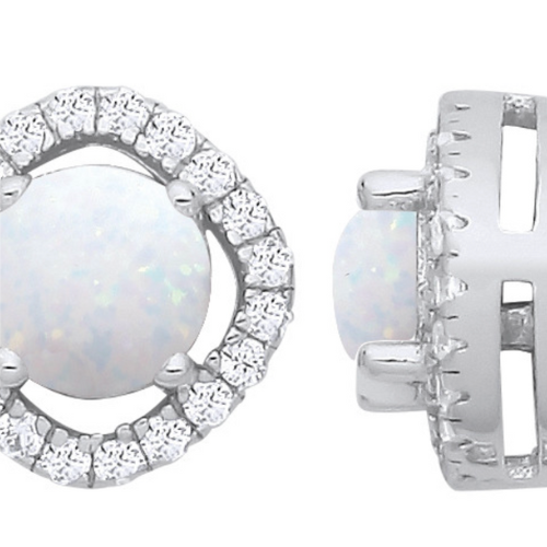 Silver Opal & Halo Style Stud Earrings