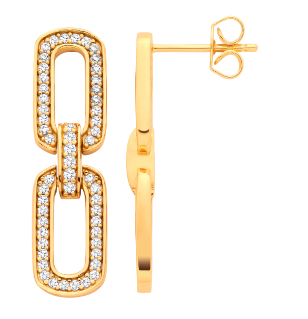 Silver 18ct Yellow Gold Plated CZ Paper Clip Drop Earrings