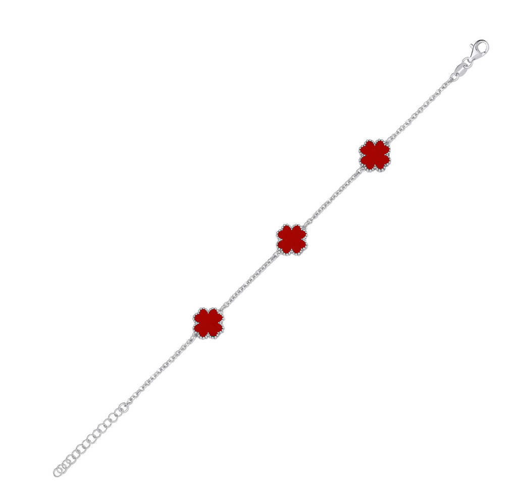 Silver Red Enamel Four Leaf Clover Bracelet