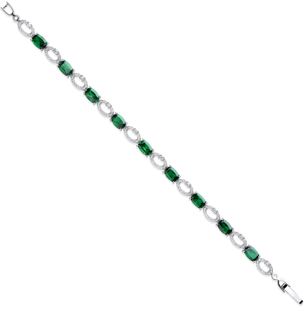 Silver Oval Cut Green & Clear Tennis Bracelet
