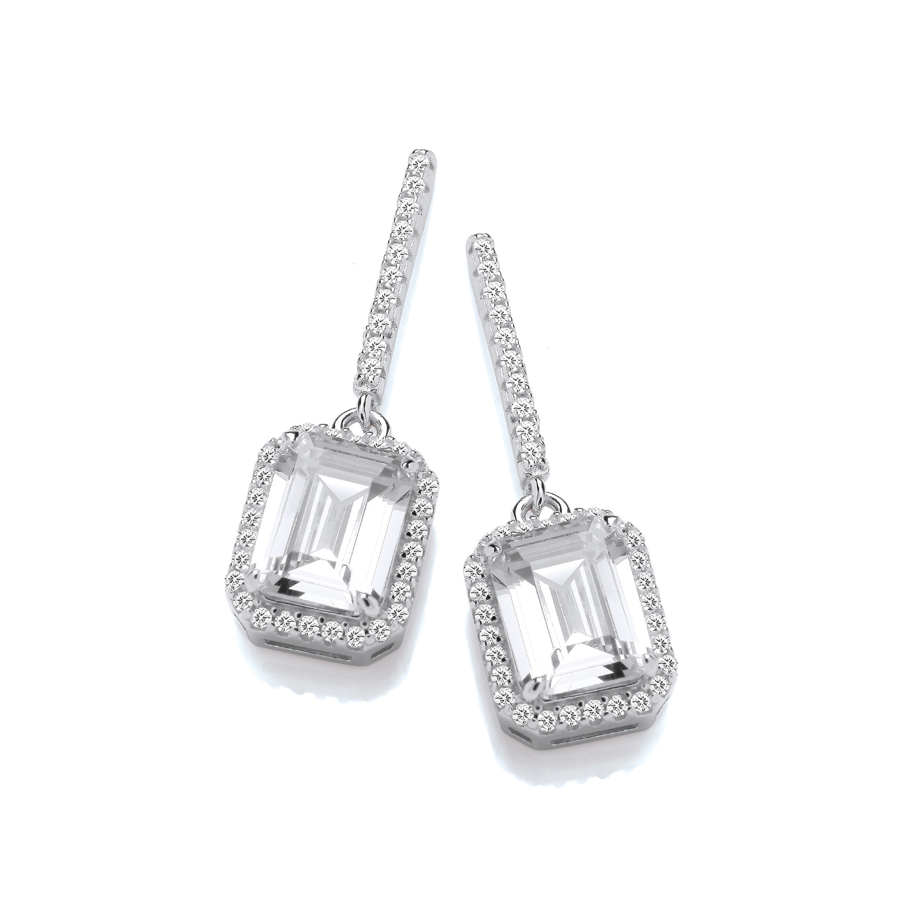 Emerald Cut Halo Drop Earrings
