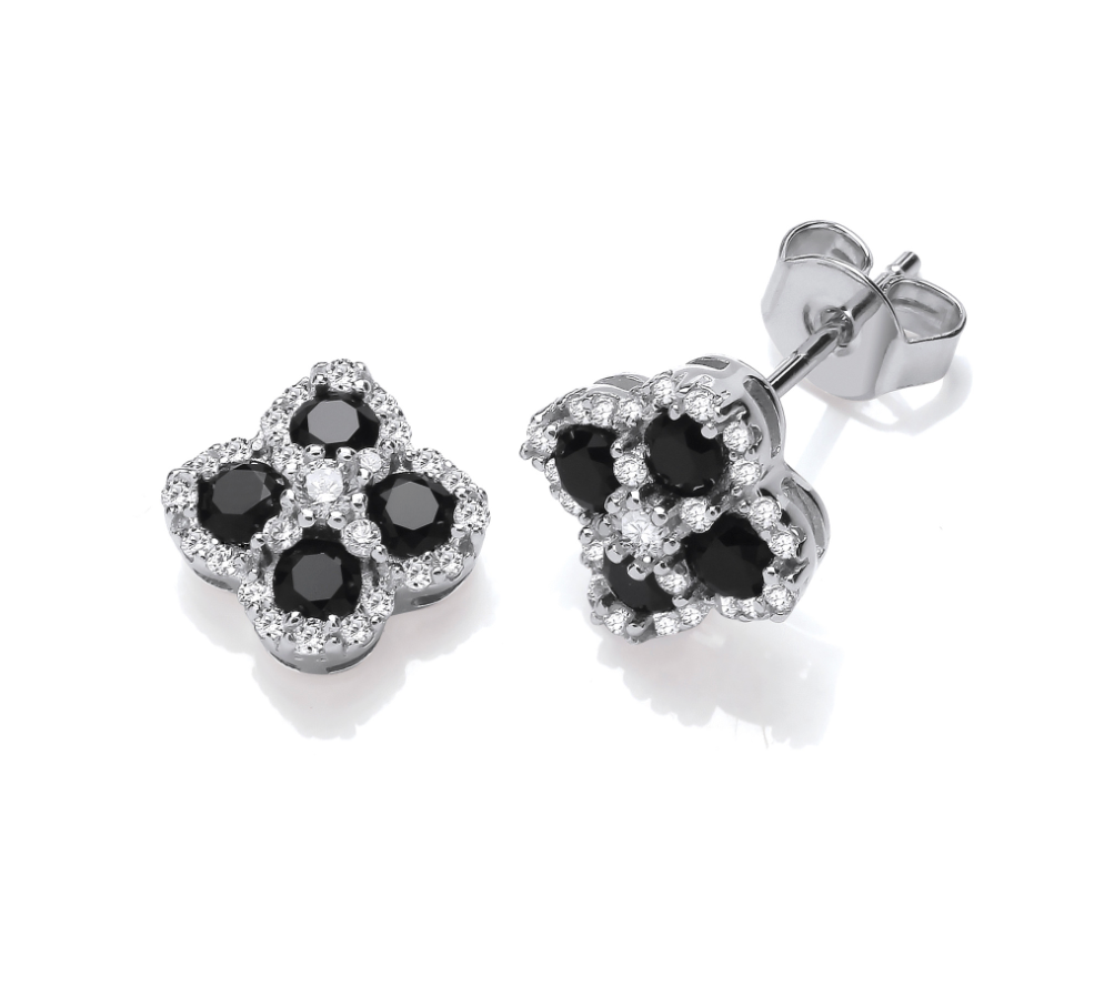 Black Four Leaf Clover CZ Stud Earrings