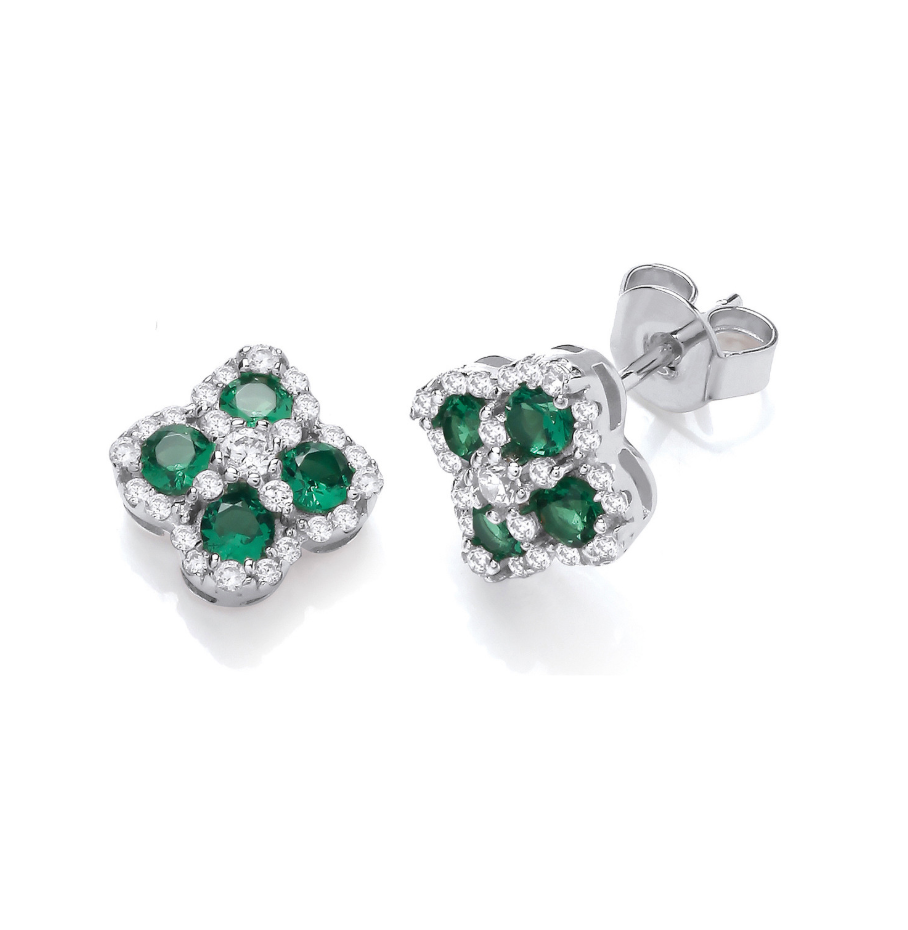 Green Four Leaf Clover CZ Stud Earrings