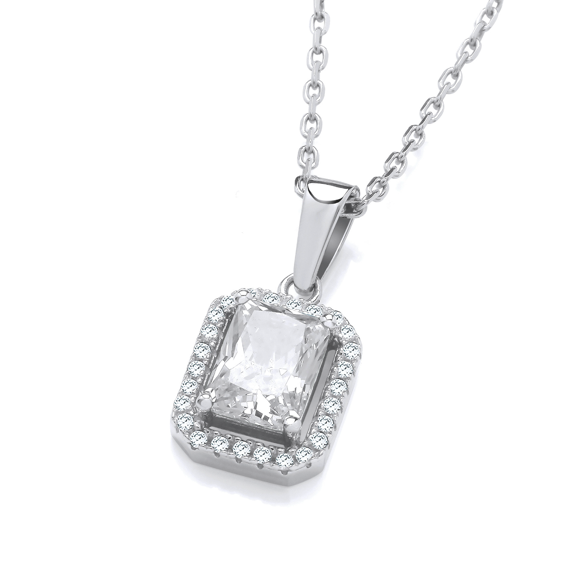 Emerald Cut Halo Pendant Necklace