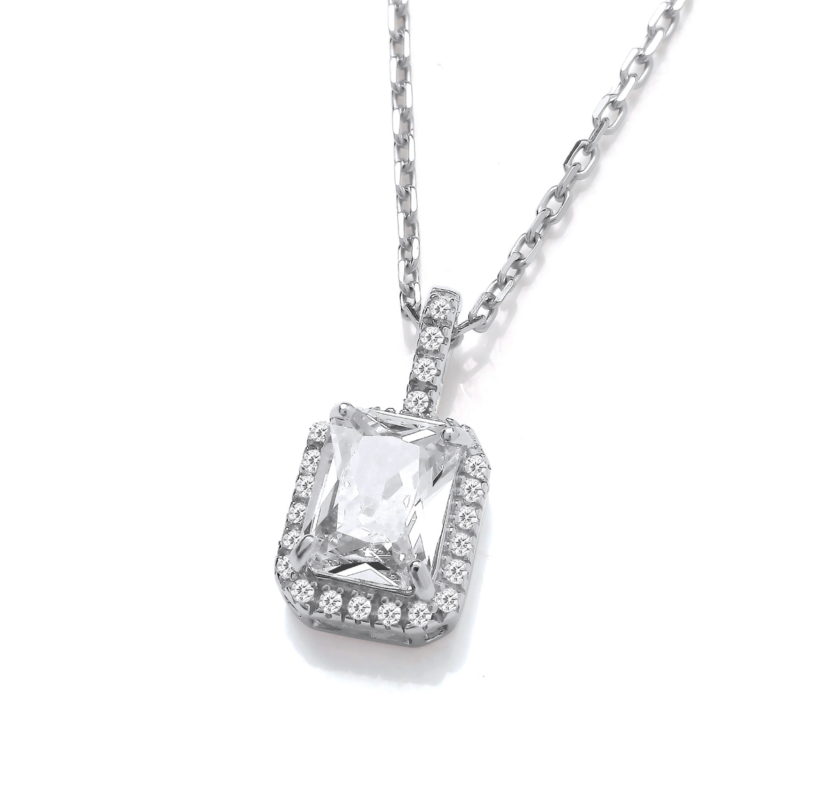 Emerald Cut Halo Bail Silver Pendant  Necklace