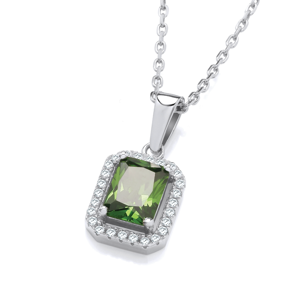 Green CZ Halo Pendant Necklace