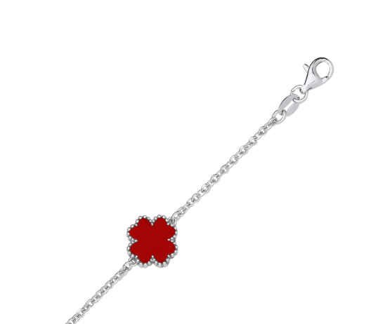 Silver Red Enamel Four Leaf Clover Bracelet