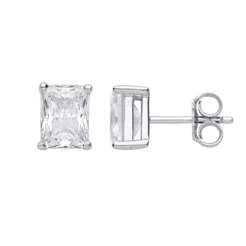 Silver Emerald Cut Stud Earrings