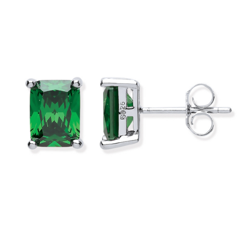 Silver Green Emerald Cut Stud Earrings